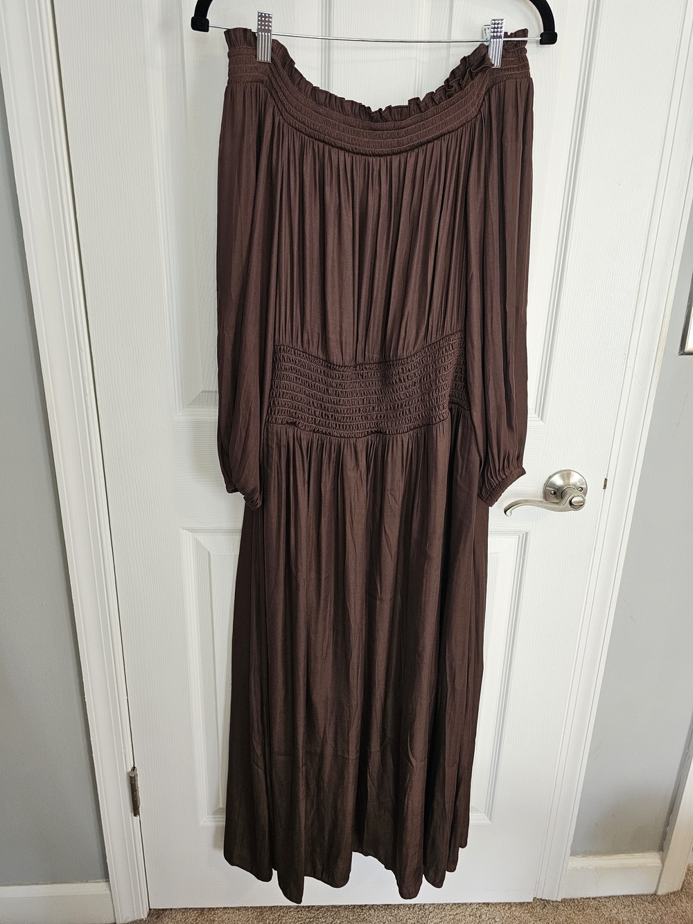 LOFT Off-Shoulder Smocked Waist Maxi Dress - Chocolate Brown